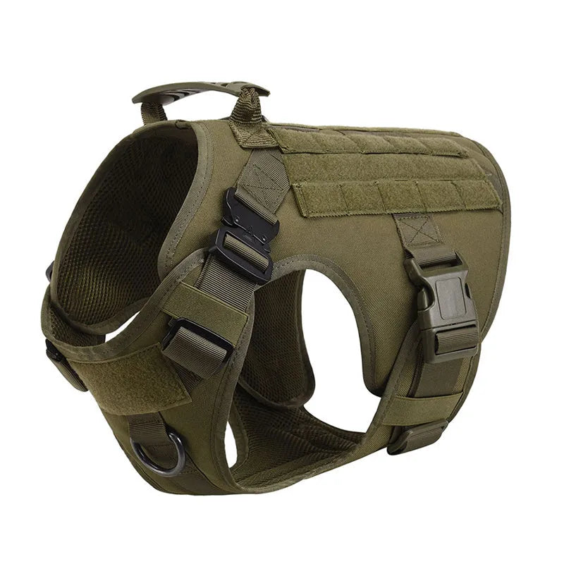 Outdoor tactical dog vest for large dogs in polyester, available in black, green, mud and camouflage, sizes S to XL