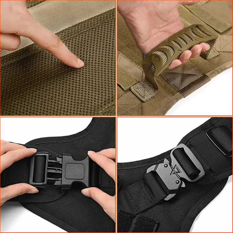Outdoor tactical dog vest for large dogs in polyester, available in black, green, mud and camouflage, sizes S to XL