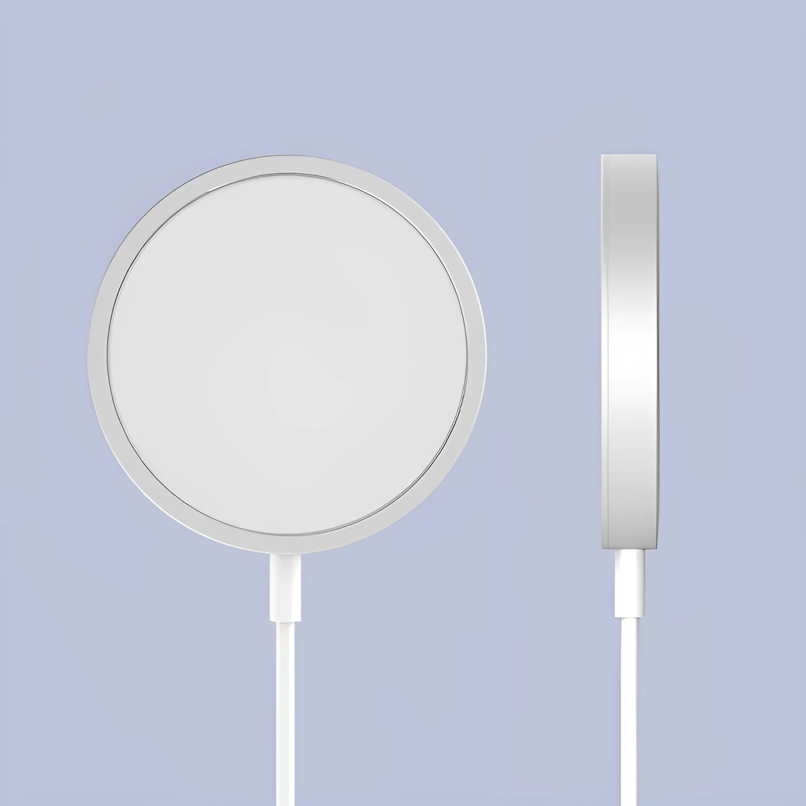 Silver metallic MagSafe-compatible magnetic wireless charger for iPhone on a wooden desk.