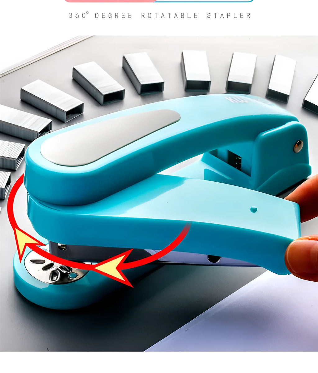 Black 360-degree rotatable stapler on a stack of A4 paper, showing its rotating head mechanism.