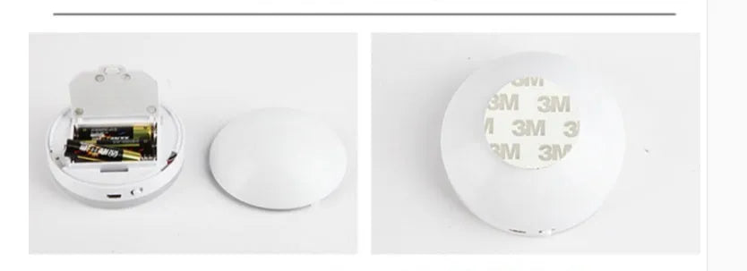 Two wireless motion sensor LED lights mounted inside a wooden cabinet.