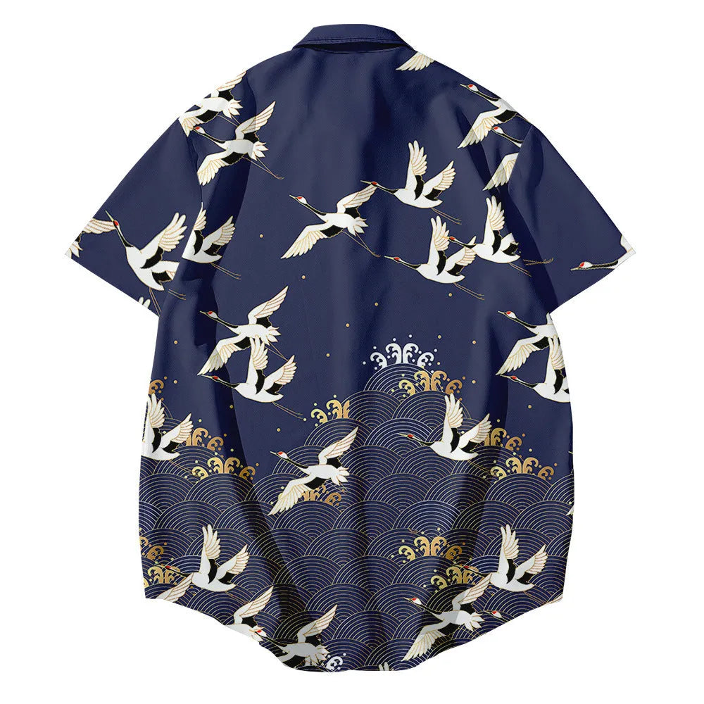 Black Japanese kimono jacket with crane print, loose short sleeve cardigan, stand-up collar, polyester