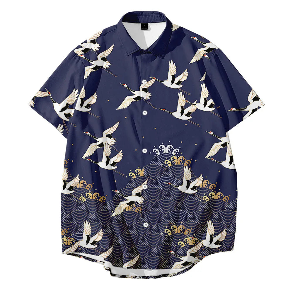 Black Japanese kimono jacket with crane print, loose short sleeve cardigan, stand-up collar, polyester