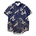 Black Japanese kimono jacket with crane print, loose short sleeve cardigan, stand-up collar, polyester