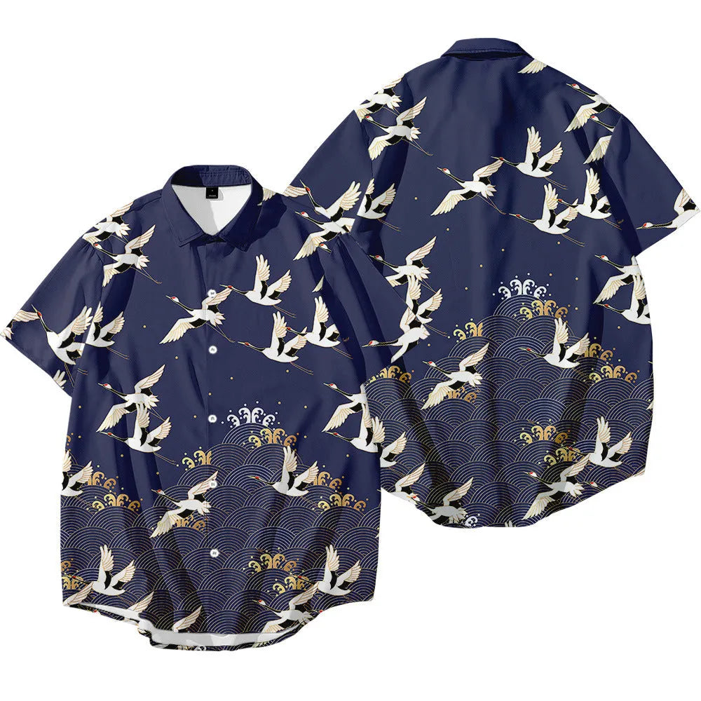 Black Japanese kimono jacket with crane print, loose short sleeve cardigan, stand-up collar, polyester