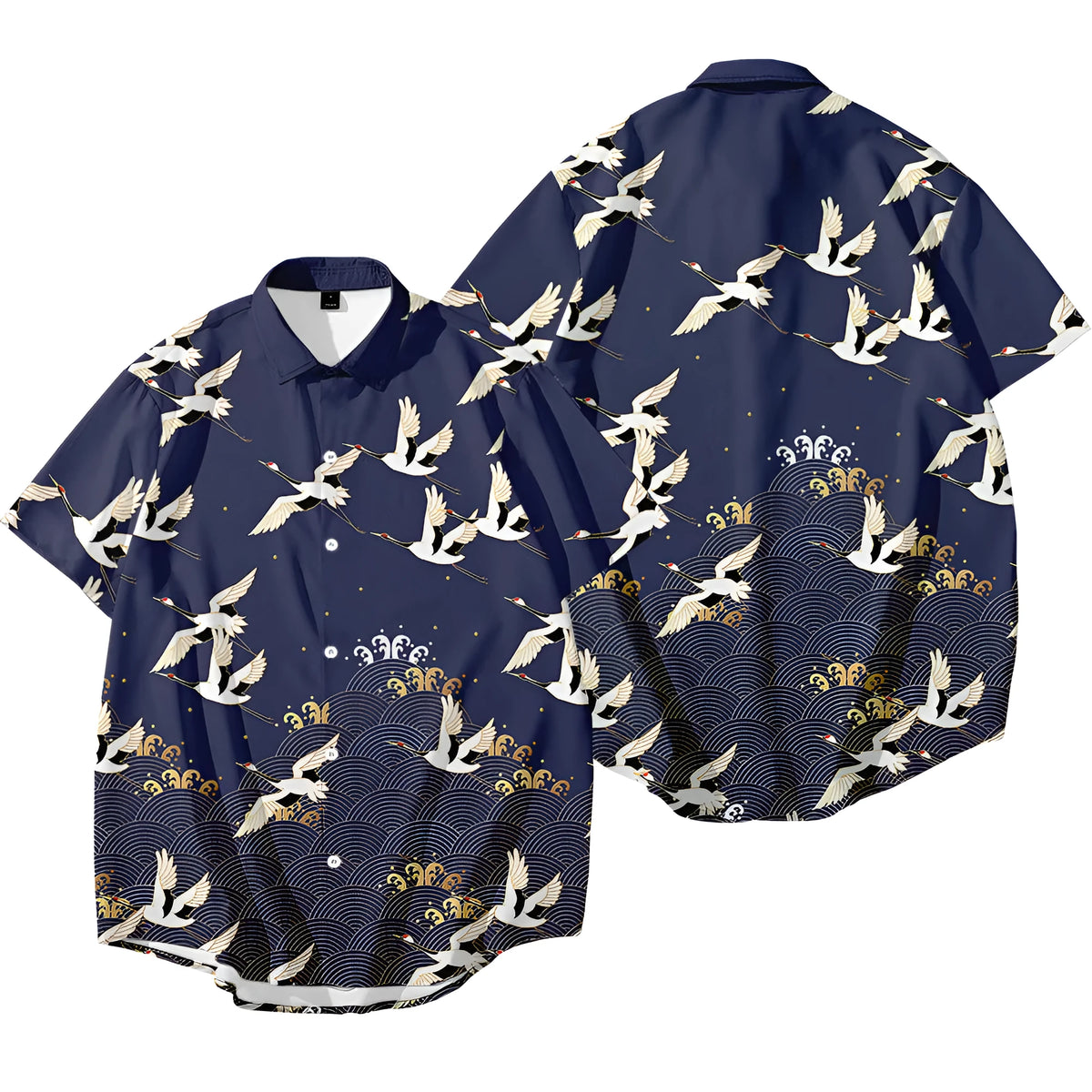 Black Japanese kimono jacket with crane print, loose short sleeve cardigan, stand-up collar, polyester