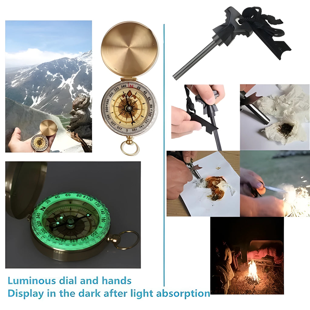 Black stainless steel outdoor survival kit measuring 17cm with 13 emergency tools including flashlight and compass