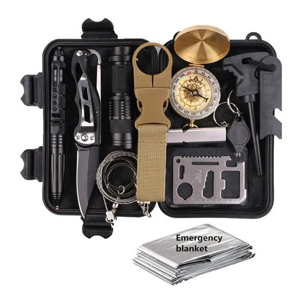Black stainless steel outdoor survival kit measuring 17cm with 13 emergency tools including flashlight and compass
