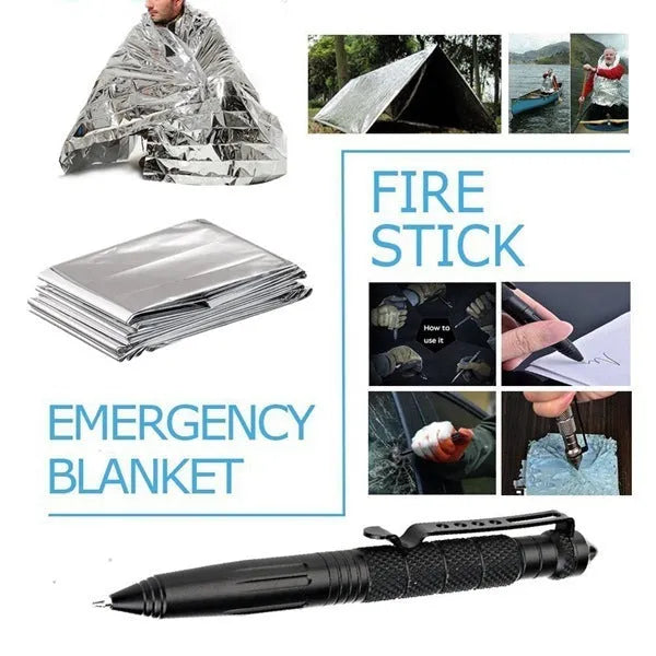 Black stainless steel outdoor survival kit measuring 17cm with 13 emergency tools including flashlight and compass