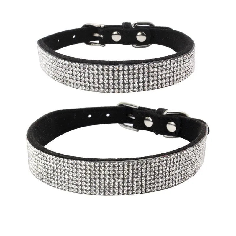 Shiny rhinestone dog collar in microfiber leather with bling diamond buckle, available in multiple colours and sizes
