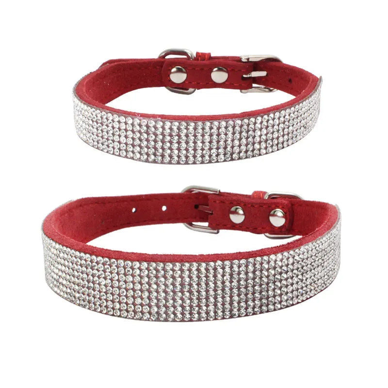 Shiny rhinestone dog collar in microfiber leather with bling diamond buckle, available in multiple colours and sizes
