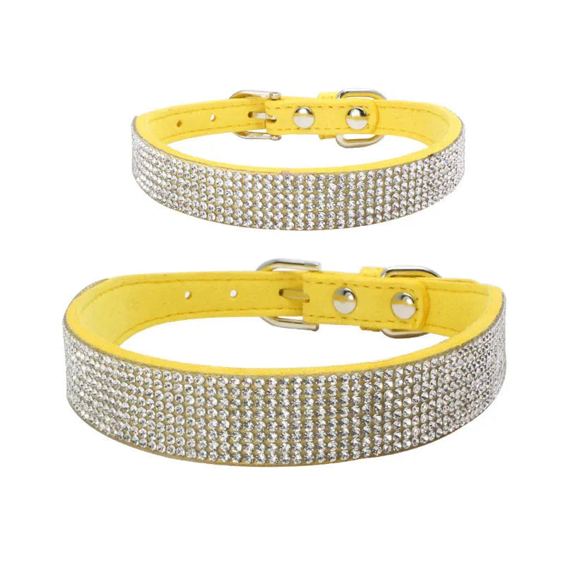 Shiny rhinestone dog collar in microfiber leather with bling diamond buckle, available in multiple colours and sizes