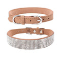 Shiny rhinestone dog collar in microfiber leather with bling diamond buckle, available in multiple colours and sizes