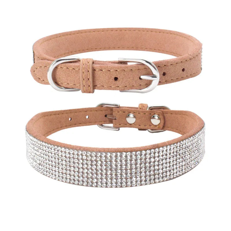 Shiny rhinestone dog collar in microfiber leather with bling diamond buckle, available in multiple colours and sizes