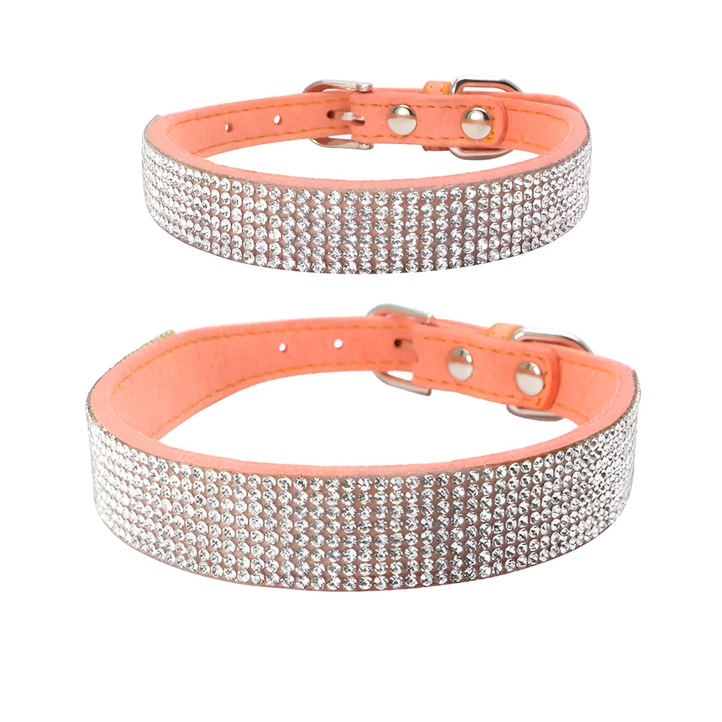 Shiny rhinestone dog collar in microfiber leather with bling diamond buckle, available in multiple colours and sizes
