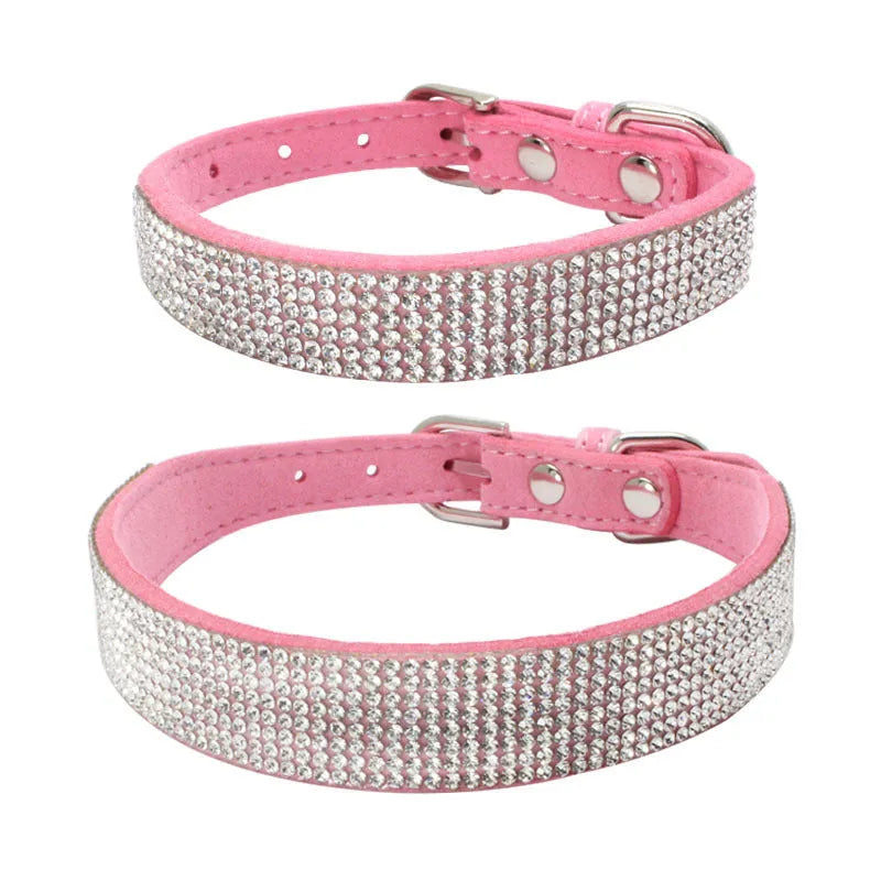 Shiny rhinestone dog collar in microfiber leather with bling diamond buckle, available in multiple colours and sizes
