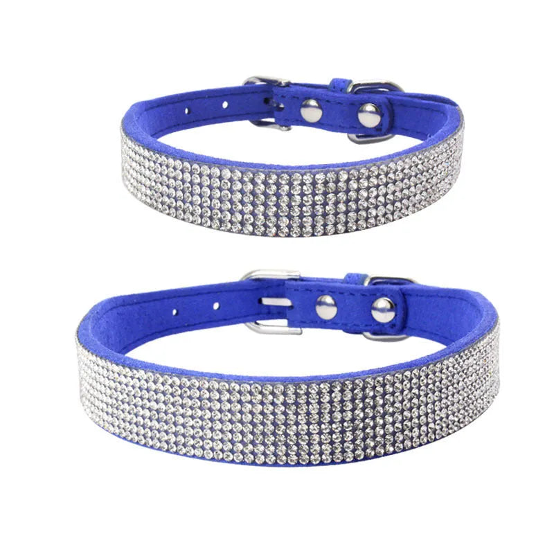 Shiny rhinestone dog collar in microfiber leather with bling diamond buckle, available in multiple colours and sizes