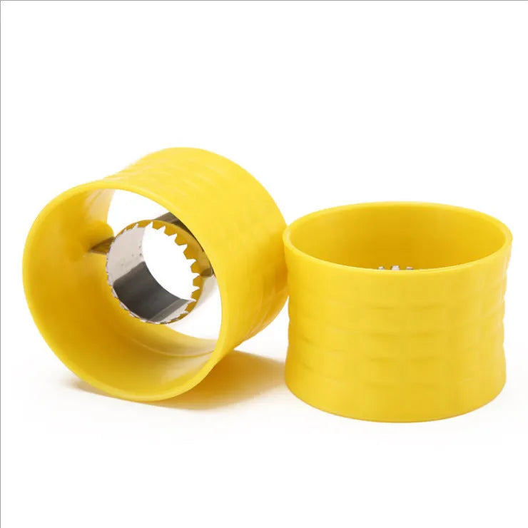 Yellow manual corn grinder thresher with corn-shaped plastic body and stainless steel peeling gear