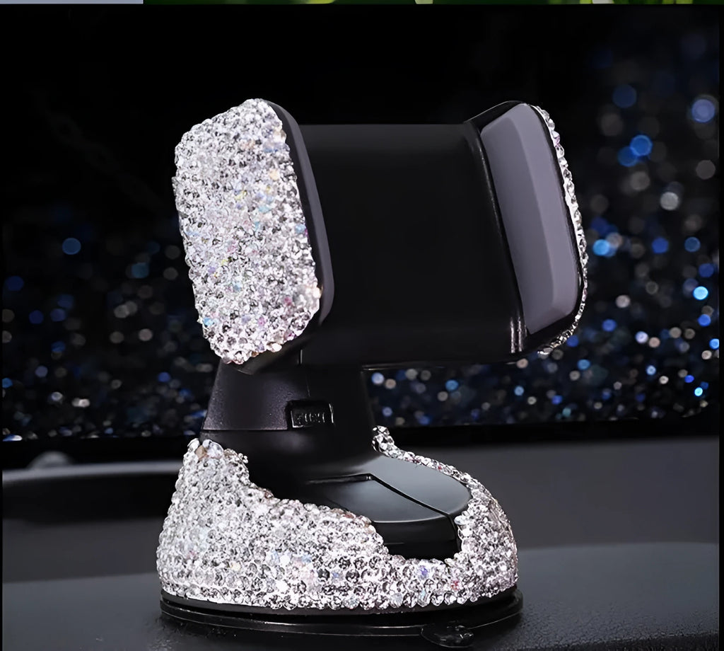 Dual-use car phone rack with rhinestone finish, 360-degree rotation, air vent or dashboard mount, five colours
