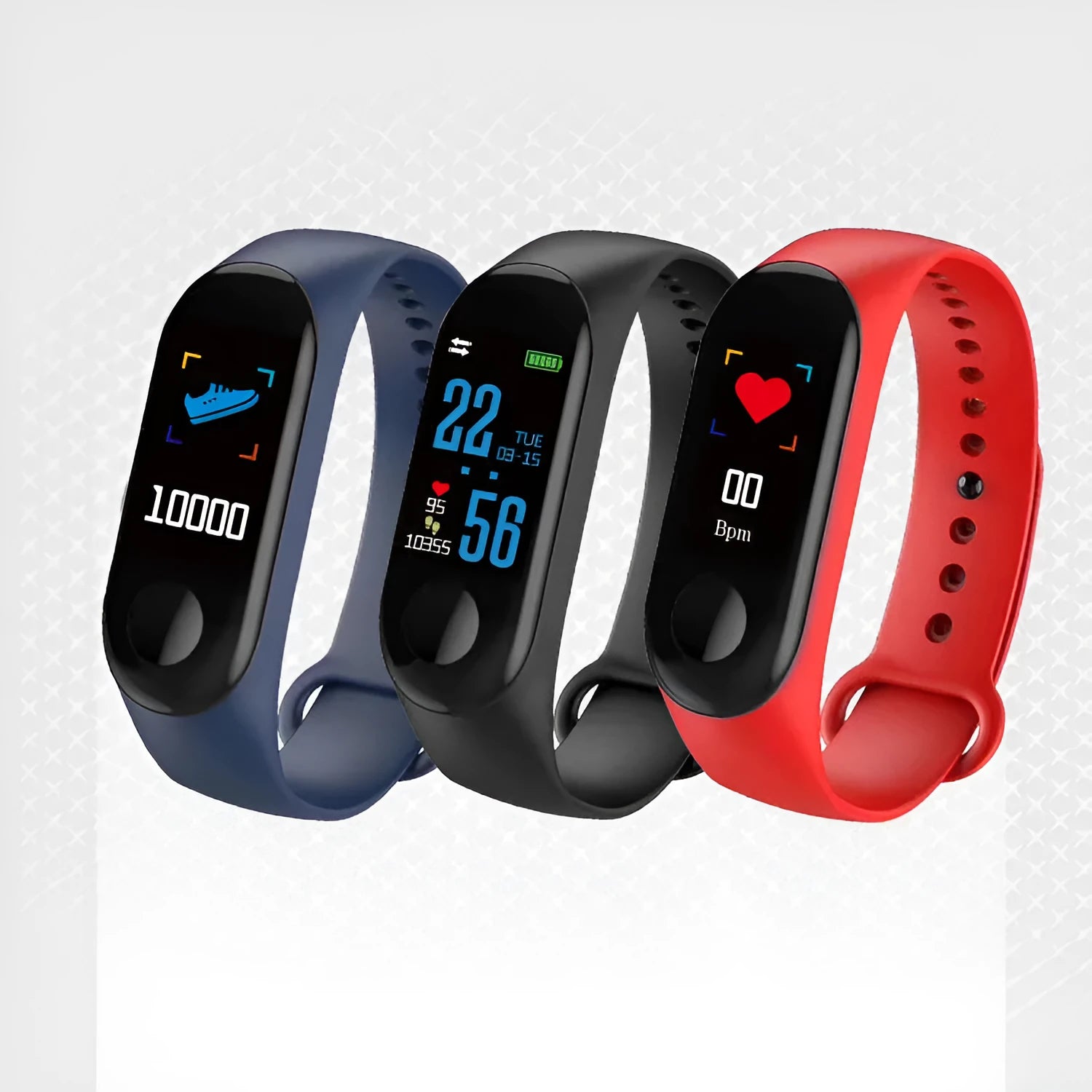 M3 smart fitness bracelet with colour screen showing heart rate data, on a wrist.