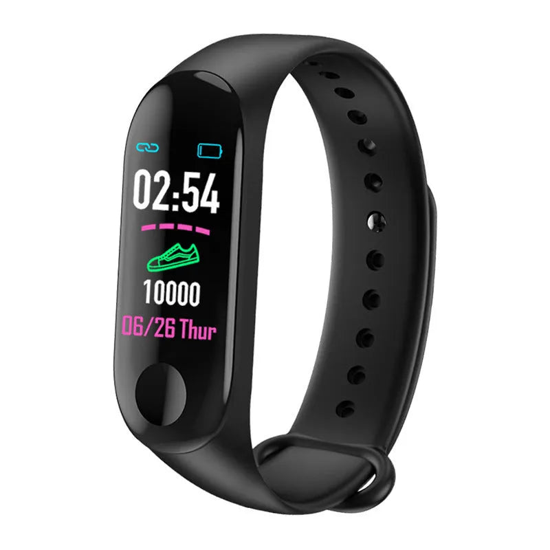 M3 smart fitness bracelet with colour screen showing heart rate data, on a wrist.
