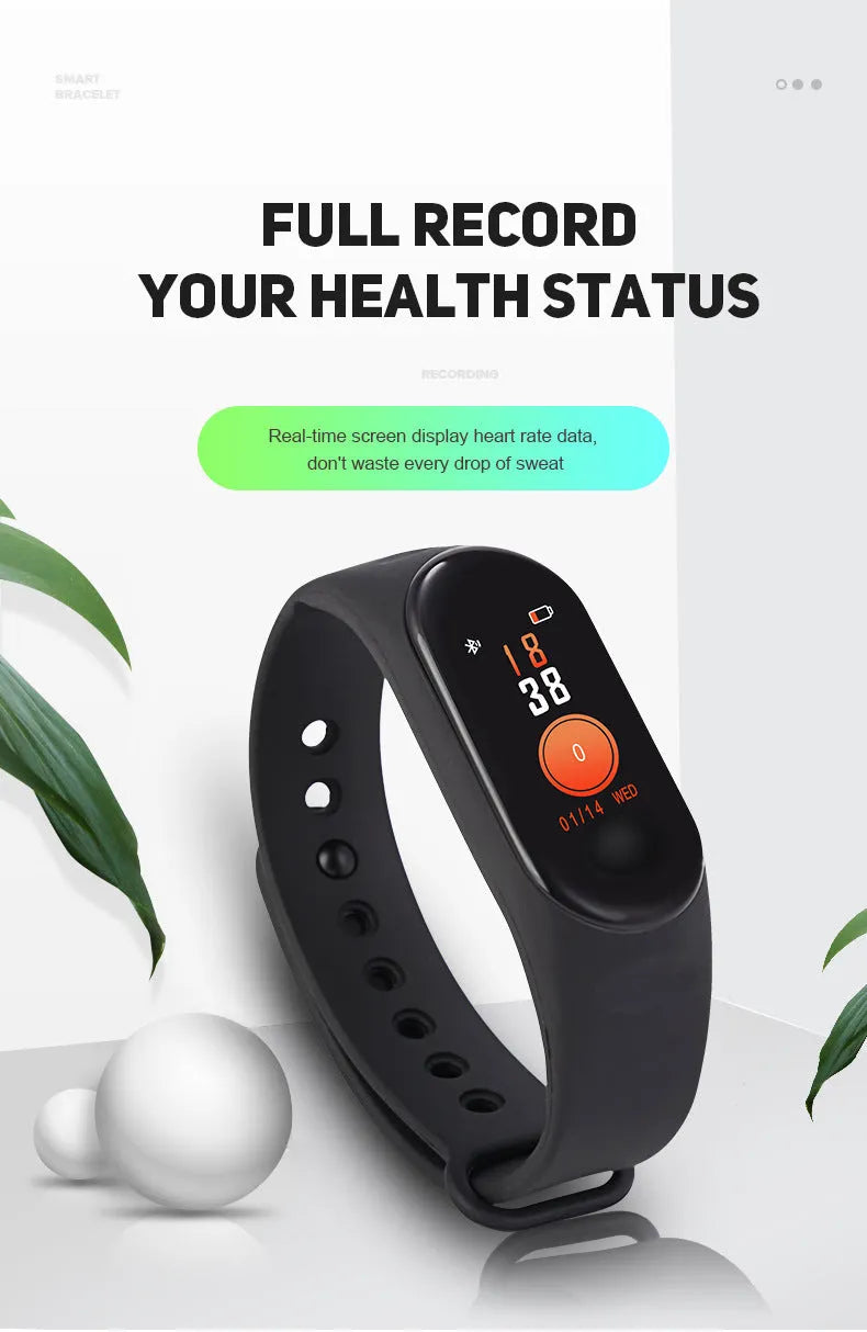 M3 smart fitness bracelet with colour screen showing heart rate data, on a wrist.