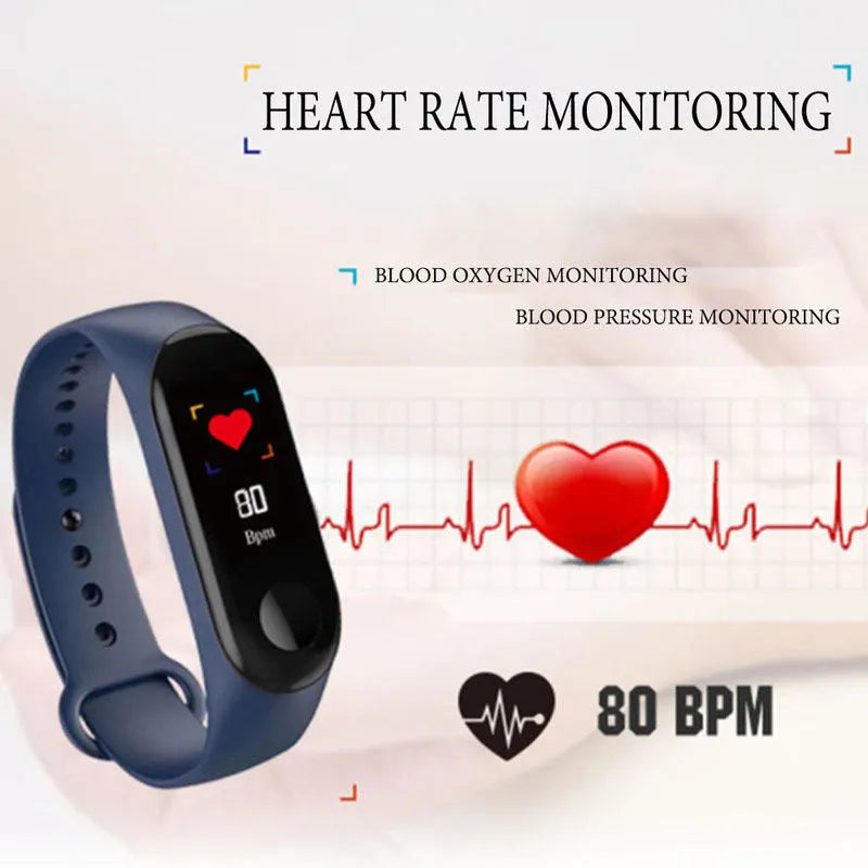M3 smart bracelet with colour screen showing fitness stats, on a wrist with a black TPE strap.