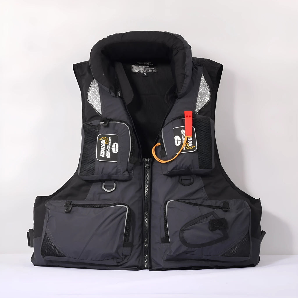 Sea fishing life jacket in green with reflective stripes and multiple pockets, featuring a detachable collar, front view