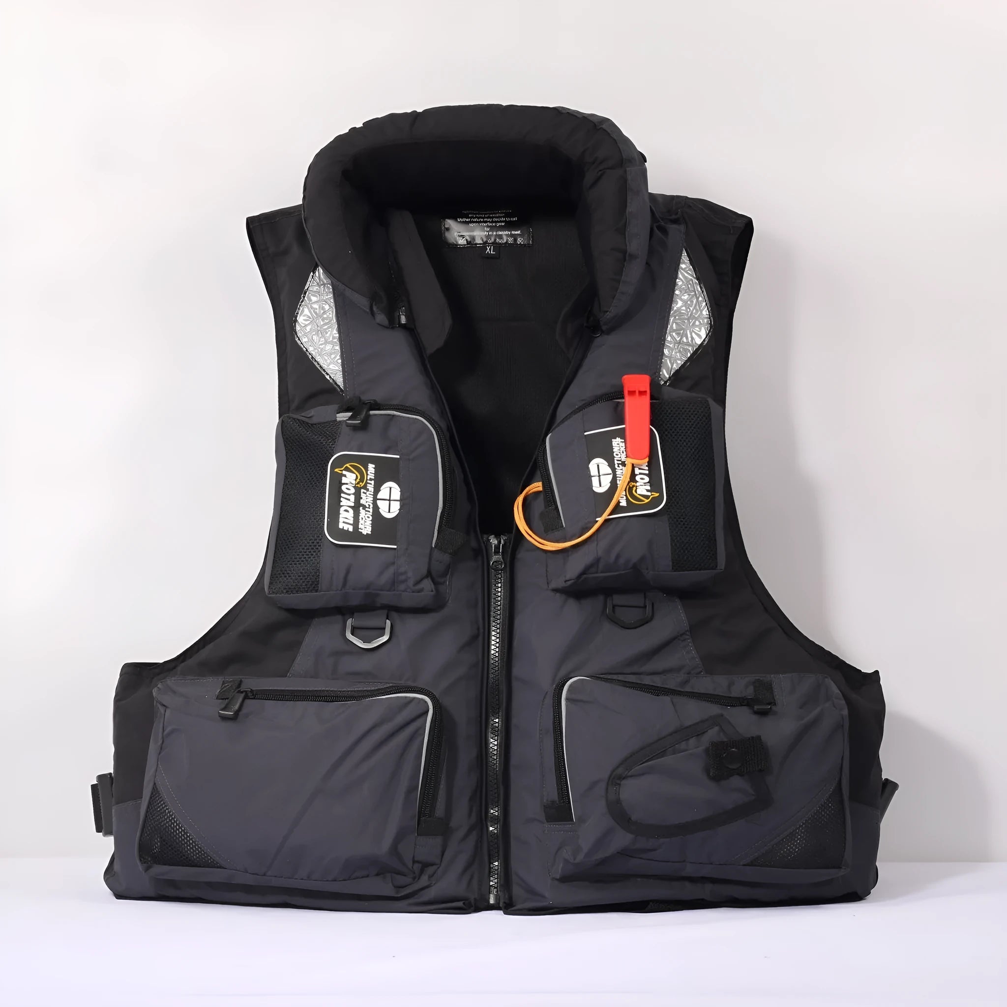 Sea fishing life jacket in green with reflective stripes and multiple pockets, featuring a detachable collar, front view