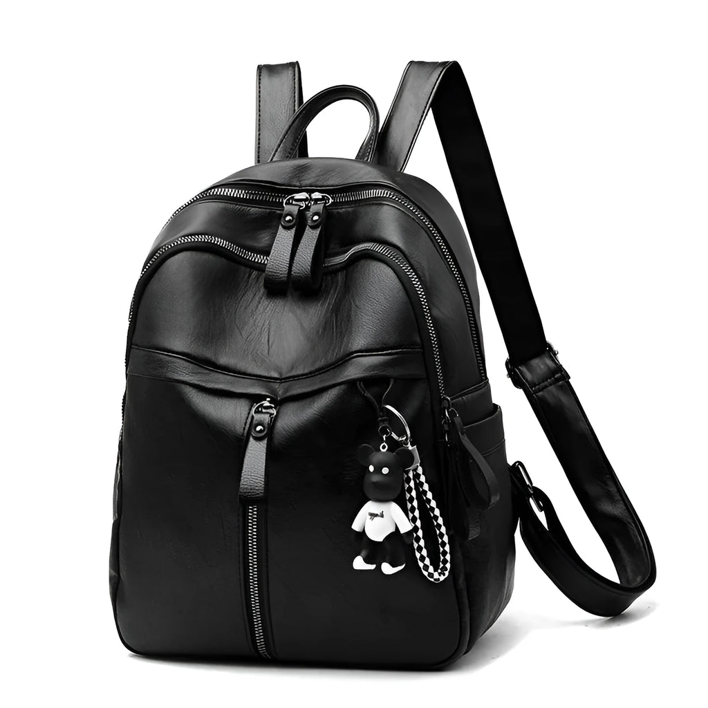 Black soft PU leather backpack with double straps, shown with a 20-35L capacity and an ID pocket.