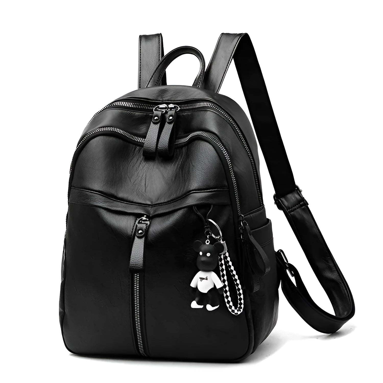 Black soft PU leather backpack with double straps, shown with a 20-35L capacity and an ID pocket.