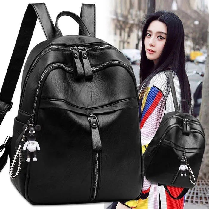 Black soft PU leather backpack with double straps, shown with a 20-35L capacity and an ID pocket.