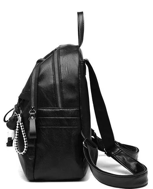Black soft PU leather backpack with double straps, shown with a 20-35L capacity and an ID pocket.