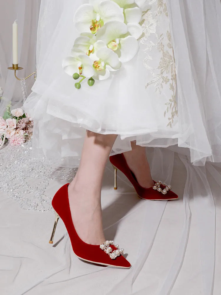 Wine red stiletto wedding shoes with pearl rhinestone detailing, shallow mouth opening, and sewn construction