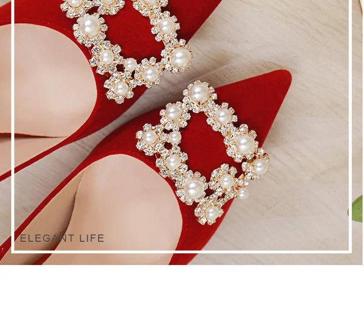 Wine red stiletto wedding shoes with pearl rhinestone detailing, shallow mouth opening, and sewn construction