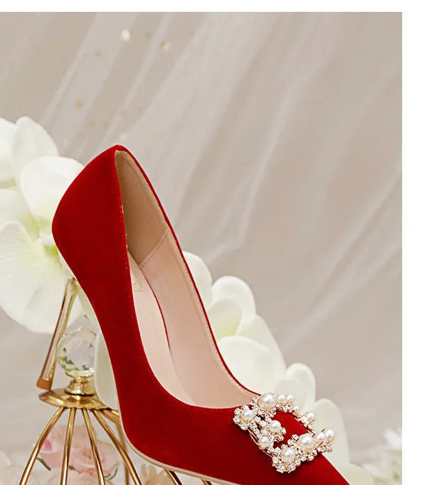 Wine red stiletto wedding shoes with pearl rhinestone detailing, shallow mouth opening, and sewn construction