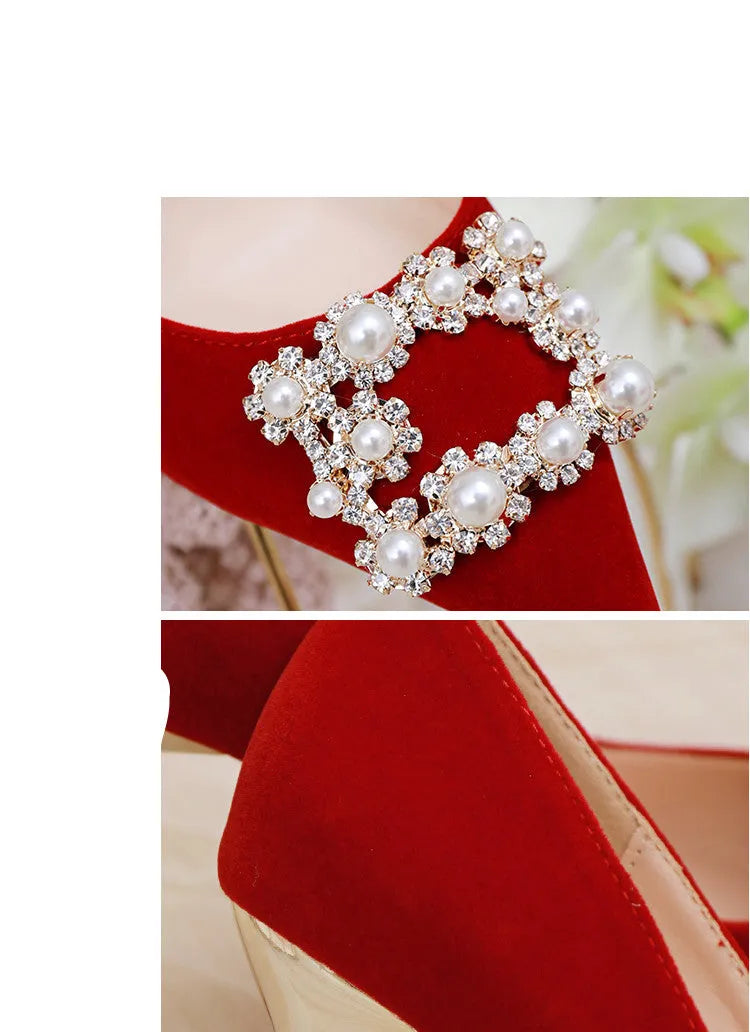 Wine red stiletto wedding shoes with pearl rhinestone detailing, shallow mouth opening, and sewn construction