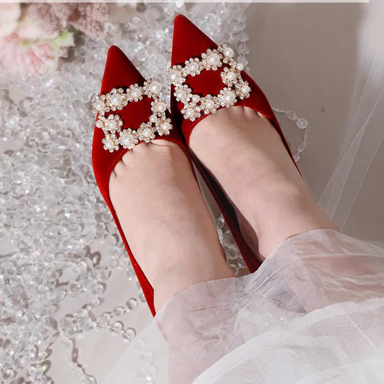 Wine red stiletto wedding shoes with pearl rhinestone detailing, shallow mouth opening, and sewn construction