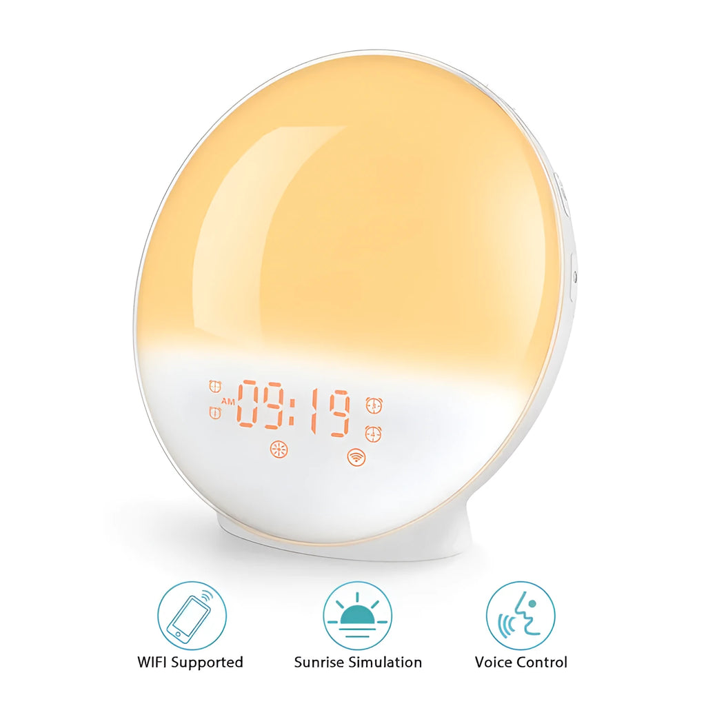 Round white smart WiFi APP controlled wake up light with 7 colour LED, digital alarm, 10mm thick, ABS shell