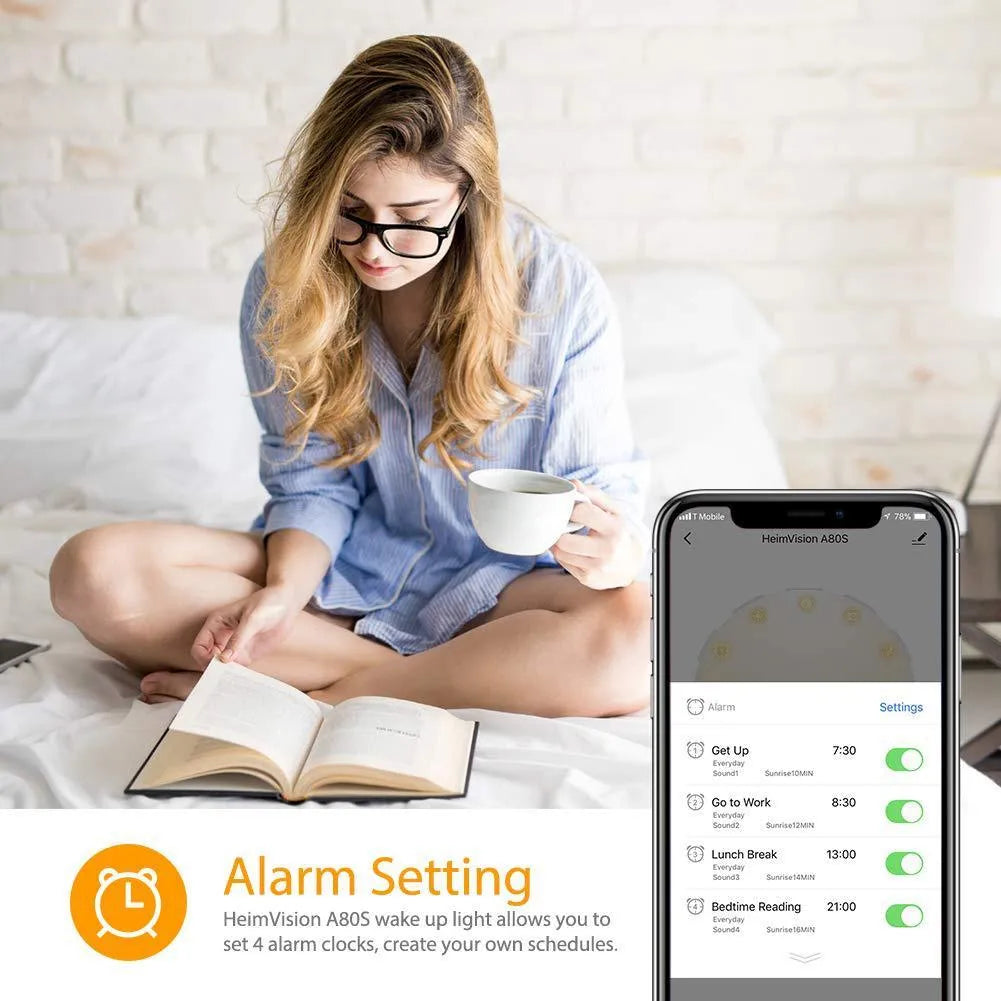 Round white smart WiFi APP controlled wake up light with 7 colour LED, digital alarm, 10mm thick, ABS shell