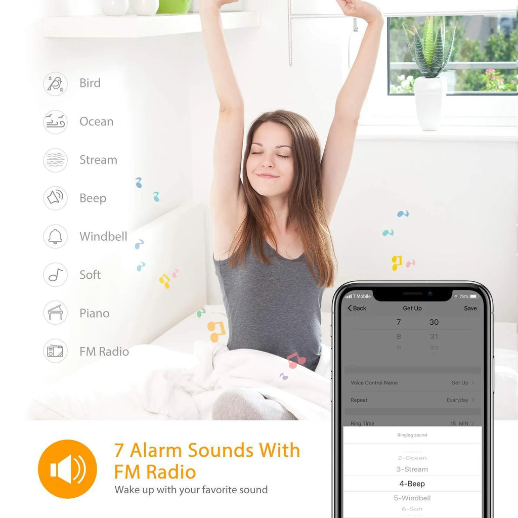 Round white smart WiFi APP controlled wake up light with 7 colour LED, digital alarm, 10mm thick, ABS shell