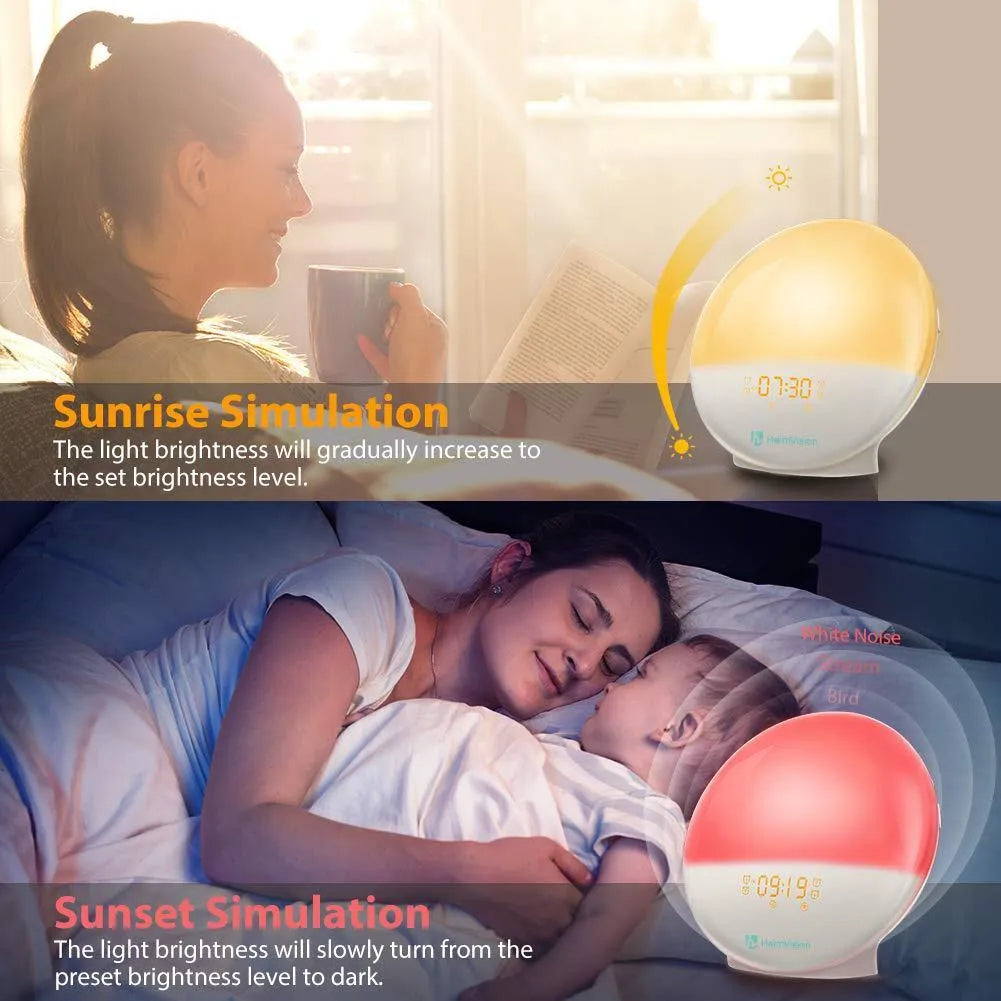 Round white smart WiFi APP controlled wake up light with 7 colour LED, digital alarm, 10mm thick, ABS shell