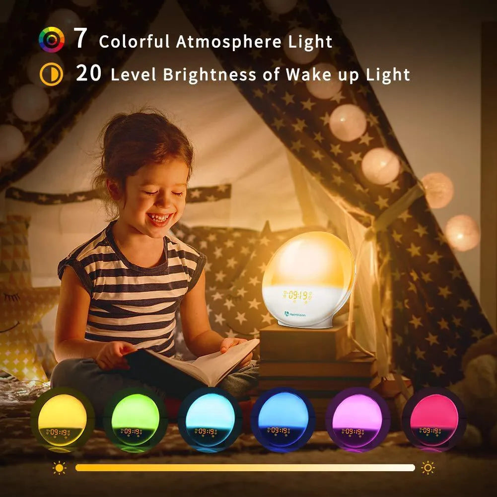Round white smart WiFi APP controlled wake up light with 7 colour LED, digital alarm, 10mm thick, ABS shell