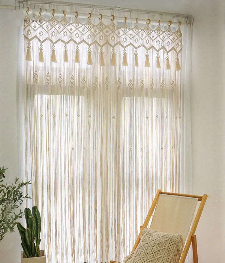 White perforated Nordic woven partition curtain with tassel detail, shown for doorway or window use, 90cm width