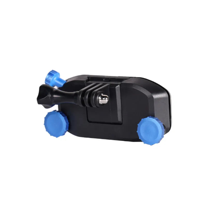 Blue and red plastic GoPro shoulder strap buckle clip for mounting cameras on backpacks.