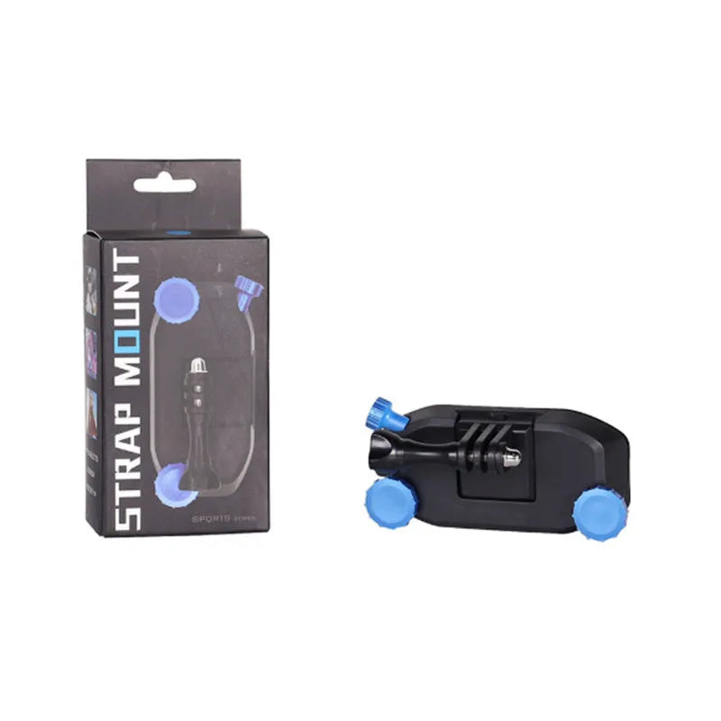 Blue and red plastic GoPro shoulder strap buckle clip for mounting cameras on backpacks.