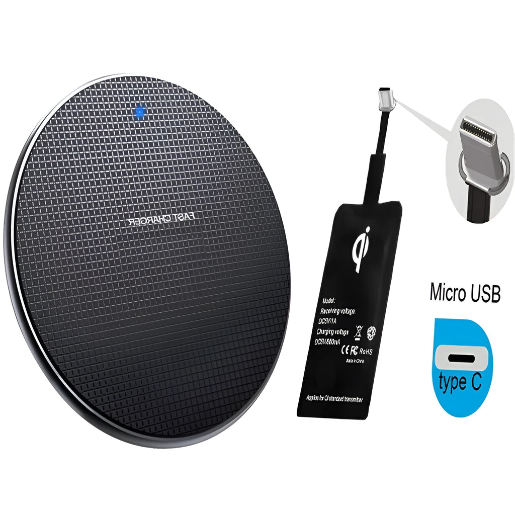 Round ultra-thin aluminium alloy wireless charger with Micro USB, LED indicator, black or grey.