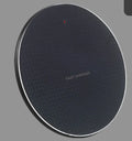 Round ultra-thin aluminium alloy wireless charger with Micro USB, LED indicator, black or grey.