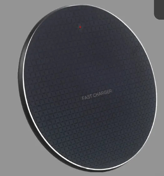 Round ultra-thin aluminium alloy wireless charger with Micro USB, LED indicator, black or grey.