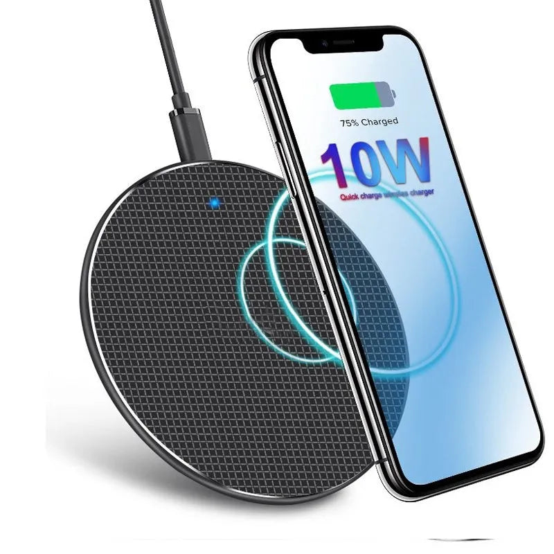 Round ultra-thin aluminium alloy wireless charger with Micro USB, LED indicator, black or grey.